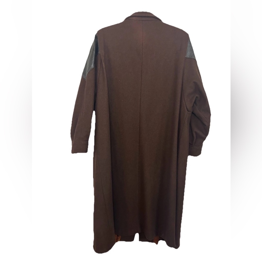 VTG Womens Brown Wool & Leather Maxi Duster Coat USA Oversized 80s XXL Bohemian - Picture 15 of 16
